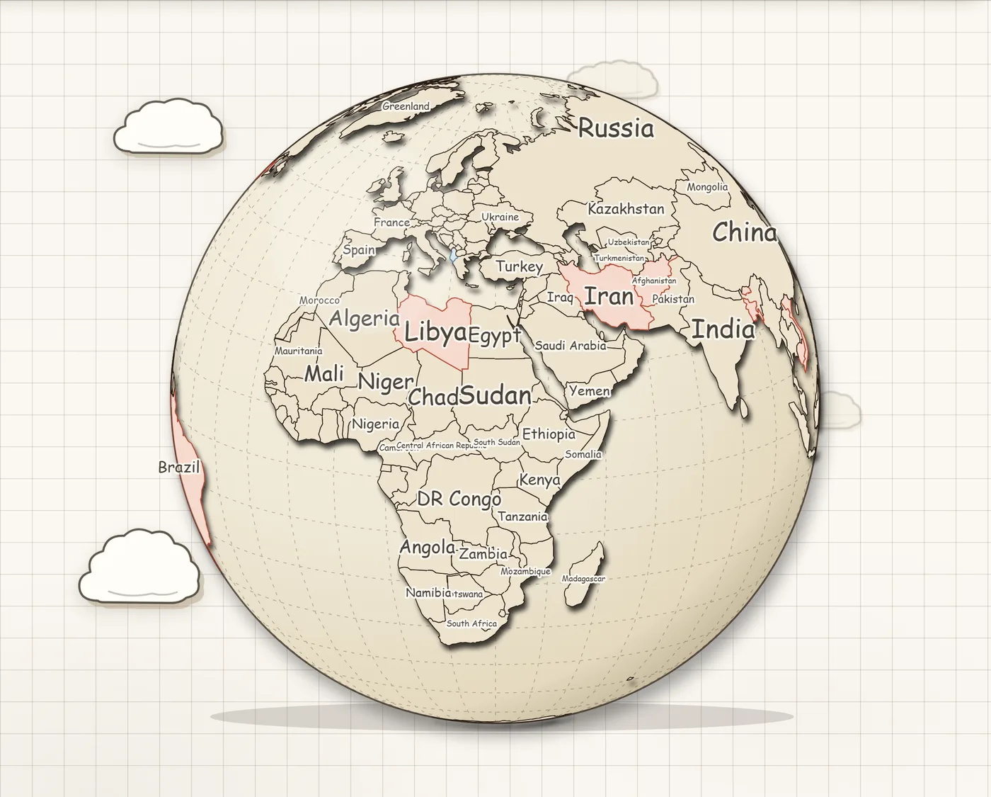 The TripMemories globe, spun to show the countries a traveller has visited
