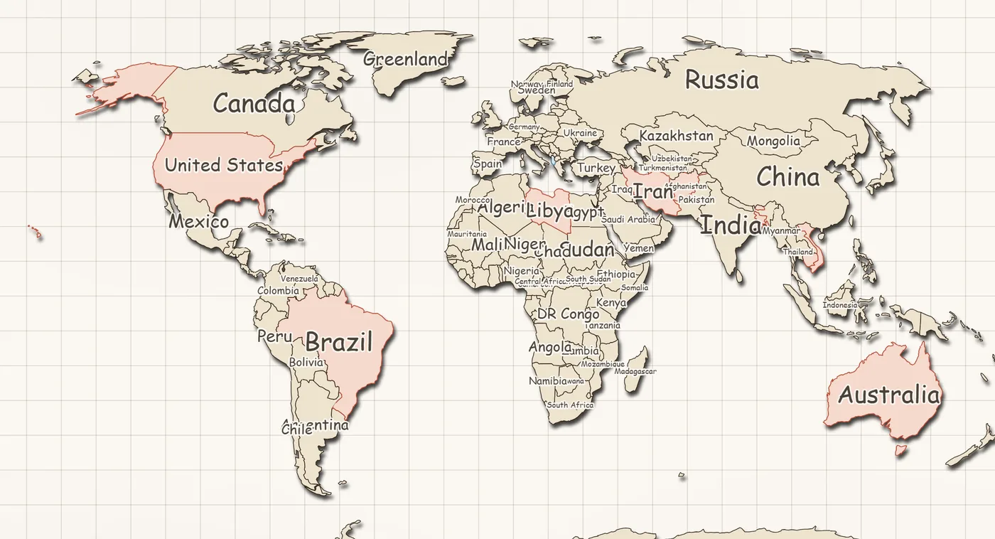A custom travel map of the world exported from TripMemories, visited countries filled in